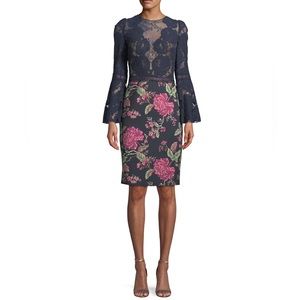TADASHI SHOJI Lace Trumpet-Sleeve Cocktail Dress w/ Floral Skirt